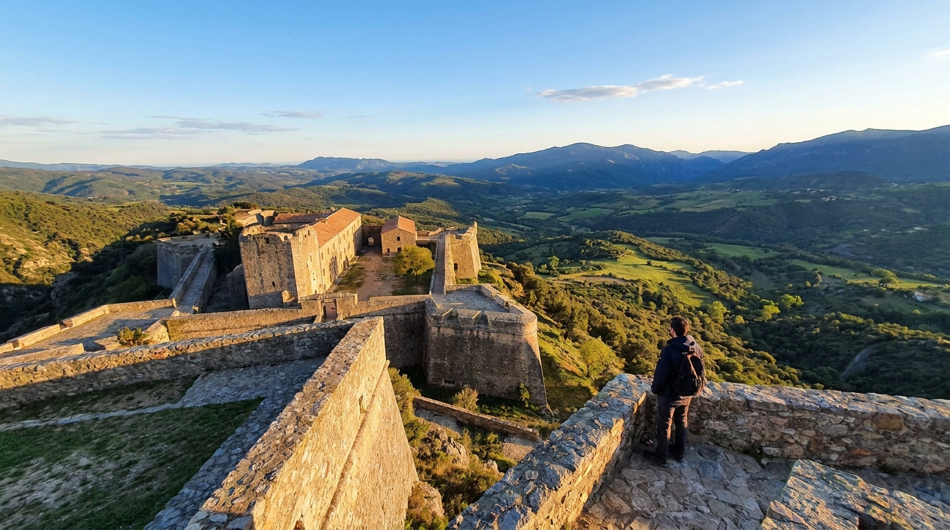 Un randonneur admire le Fort de Bellegarde sous une lumière dorée, surplombant les montagnes des Pyrénées.