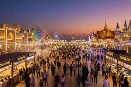 Foule animée se promenant dans les allées illuminées du Global Village à Dubaï lors d'un coucher de soleil.