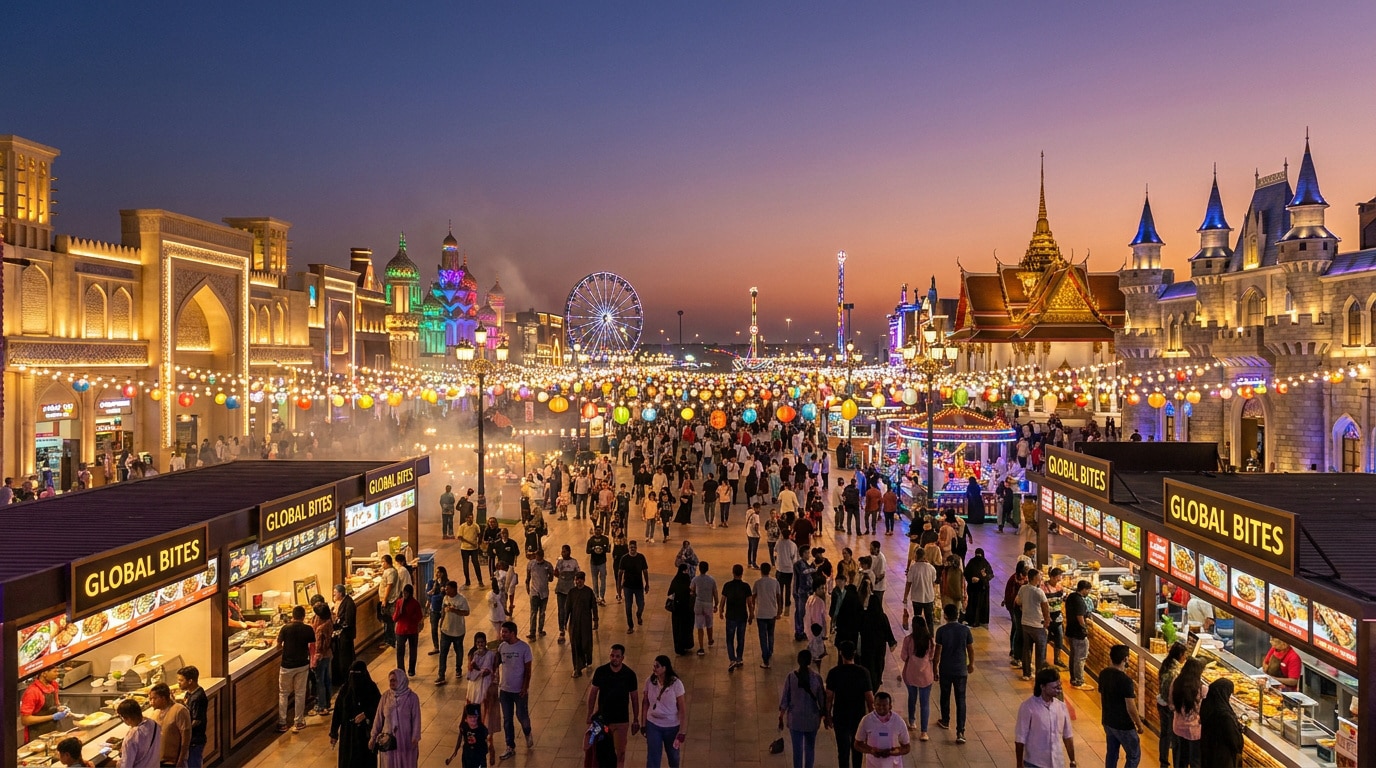 Foule animée se promenant dans les allées illuminées du Global Village à Dubaï lors d'un coucher de soleil.