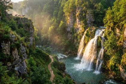 Cascade spectaculaire dans les Gorges de l'Auvézère avec des chèvres sauvages sur une falaise sous la lumière du soleil.