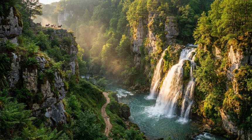 Cascade spectaculaire dans les Gorges de l'Auvézère avec des chèvres sauvages sur une falaise sous la lumière du soleil.