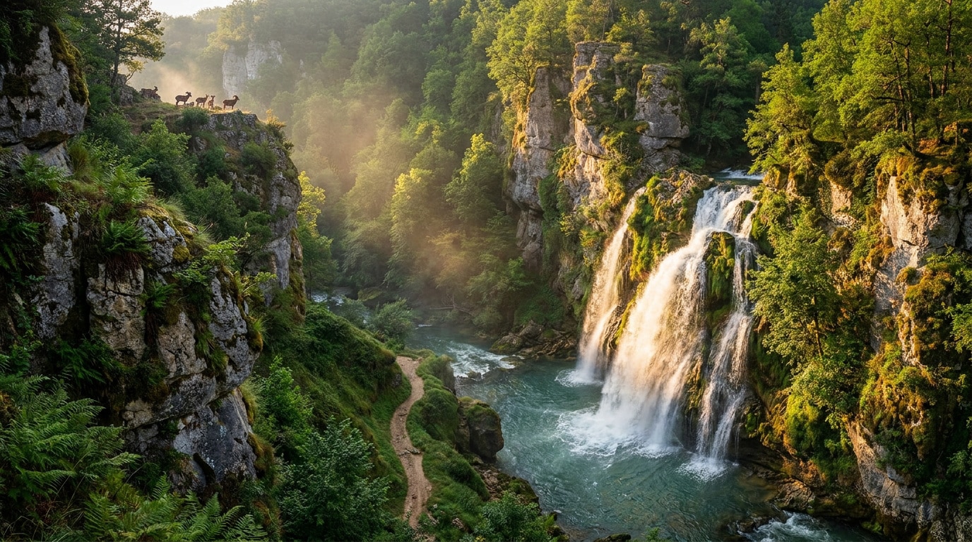Cascade spectaculaire dans les Gorges de l'Auvézère avec des chèvres sauvages sur une falaise sous la lumière du soleil.