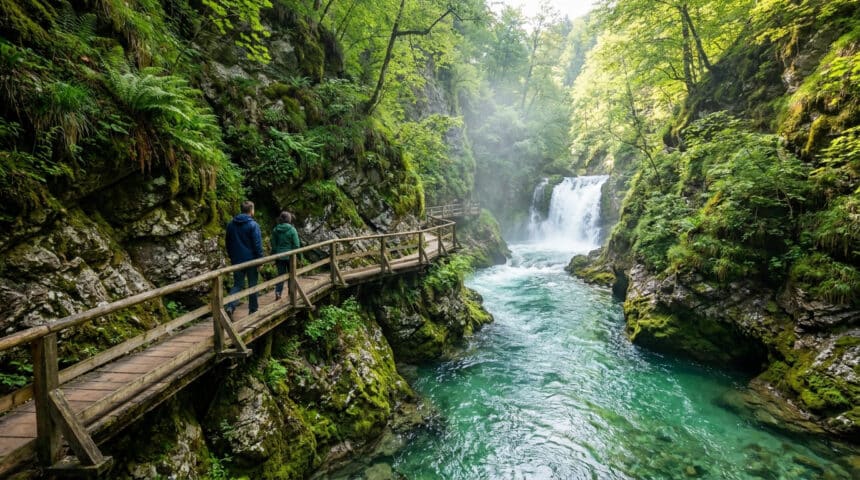 Deux personnes marchent sur une passerelle en bois longeant une rivière turquoise dans la gorge de Vintgar.