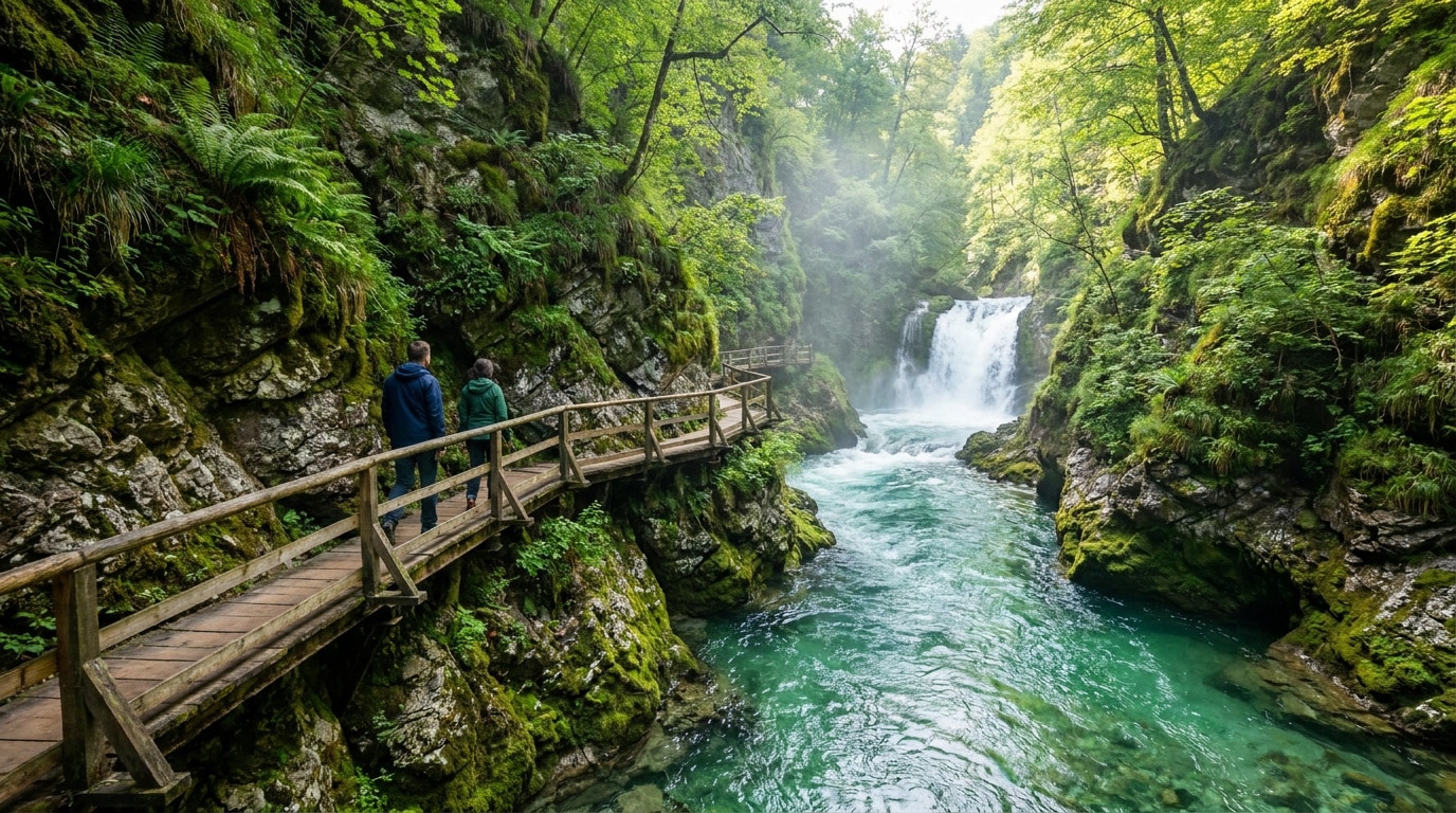 Deux personnes marchent sur une passerelle en bois longeant une rivière turquoise dans la gorge de Vintgar.