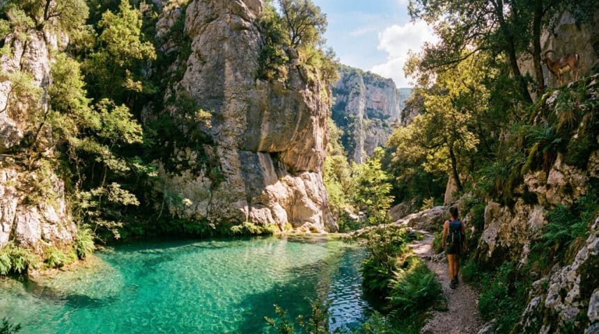 Randonneuse marchant près d'une vasque d'eau turquoise dans les Gorges d'Héric sous le regard d'un mouflon.