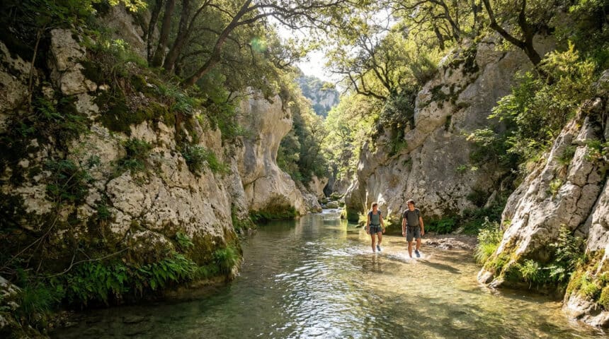 Deux randonneurs marchant dans les eaux peu profondes des Gorges du Toulourenc bordées de hautes falaises rocheuses.