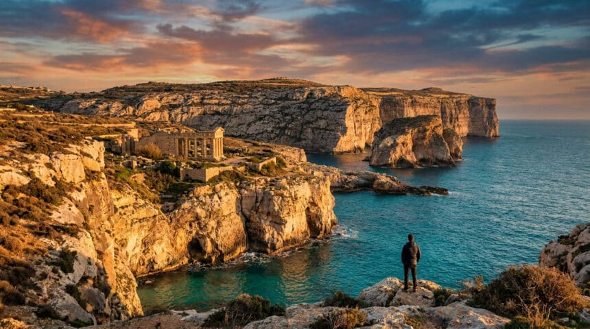Un homme debout sur une falaise rocheuse face à une mer turquoise et des ruines antiques au coucher du soleil à Gozo.