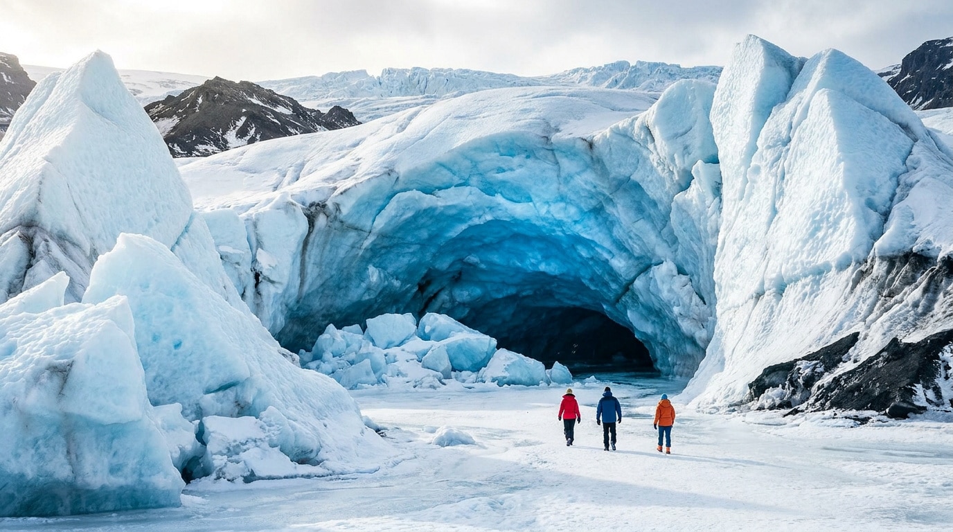 Trois personnes marchant vers l'entrée d'une grotte de glace bleue spectaculaire dans le glacier Vatnajökull en Islande.