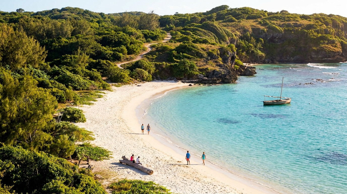 Vue plongeante d'une plage de sable blanc bordée de collines verdoyantes et d'une mer turquoise avec un petit bateau.