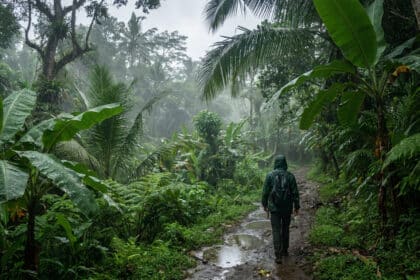 Une personne en imperméable marche sur un sentier boueux au cœur d'une forêt tropicale humide sous la pluie.