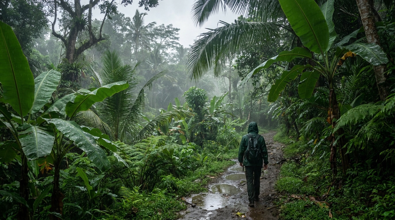 Une personne en imperméable marche sur un sentier boueux au cœur d'une forêt tropicale humide sous la pluie.
