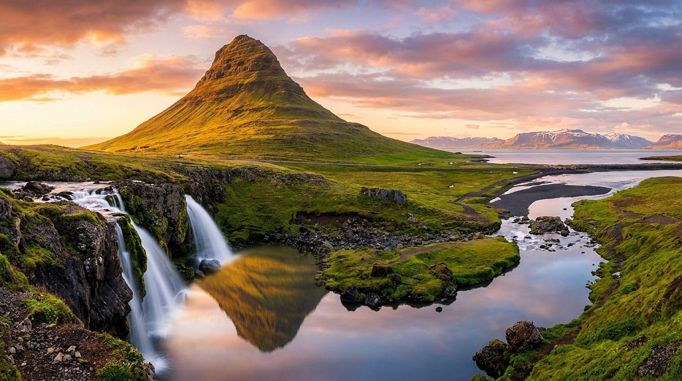 Chutes d'eau de Kirkjufellsfoss au pied de la montagne emblématique Kirkjufell sous un ciel coloré au coucher du soleil.