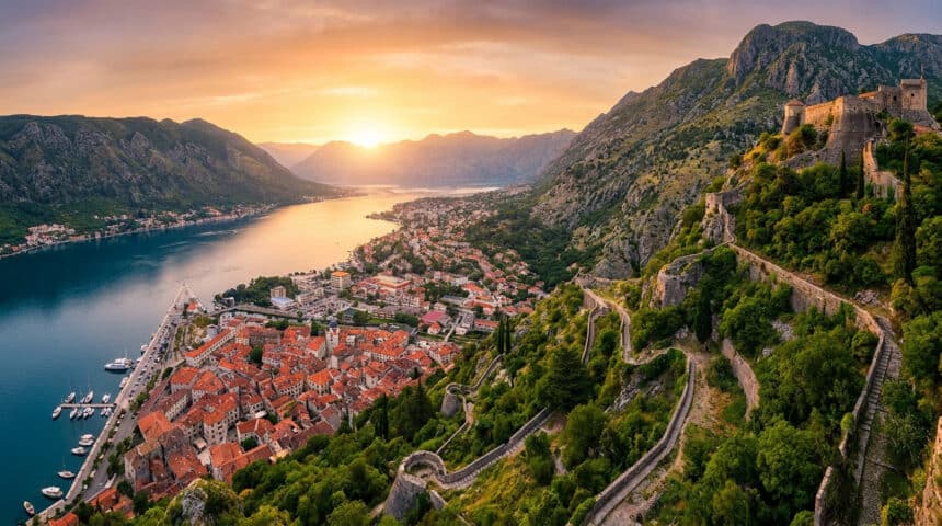 Vue panoramique de la baie de Kotor avec ses toits rouges, ses remparts et les montagnes au coucher du soleil.