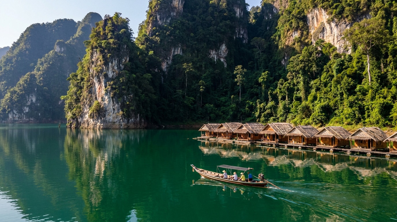Bateau traditionnel thaï naviguant sur les eaux émeraude du lac Cheow Lan devant des bungalows flottants.