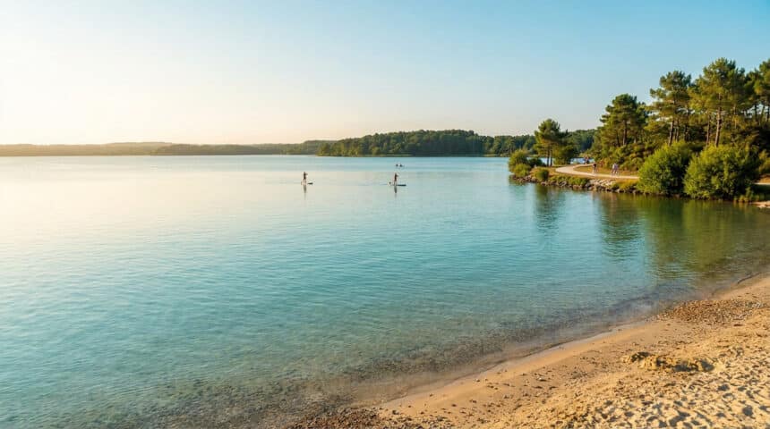 Vue panoramique du lac de Biscarrosse avec des personnes pratiquant le paddle sous une lumière douce de fin de journée.