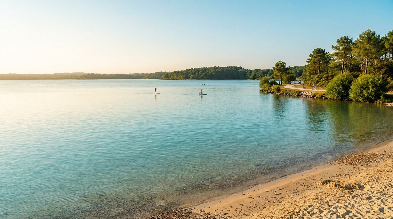 Vue panoramique du lac de Biscarrosse avec des personnes pratiquant le paddle sous une lumière douce de fin de journée.
