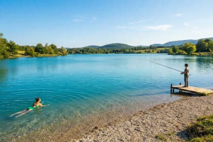 Une personne nageant dans les eaux bleues du lac de Chazey pendant qu'un enfant pêche depuis un ponton en bois.
