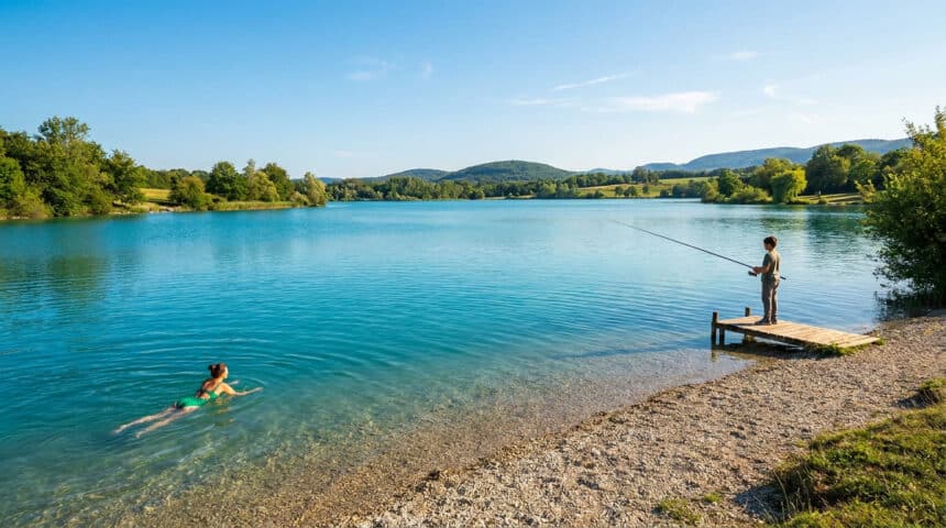 Une personne nageant dans les eaux bleues du lac de Chazey pendant qu'un enfant pêche depuis un ponton en bois.