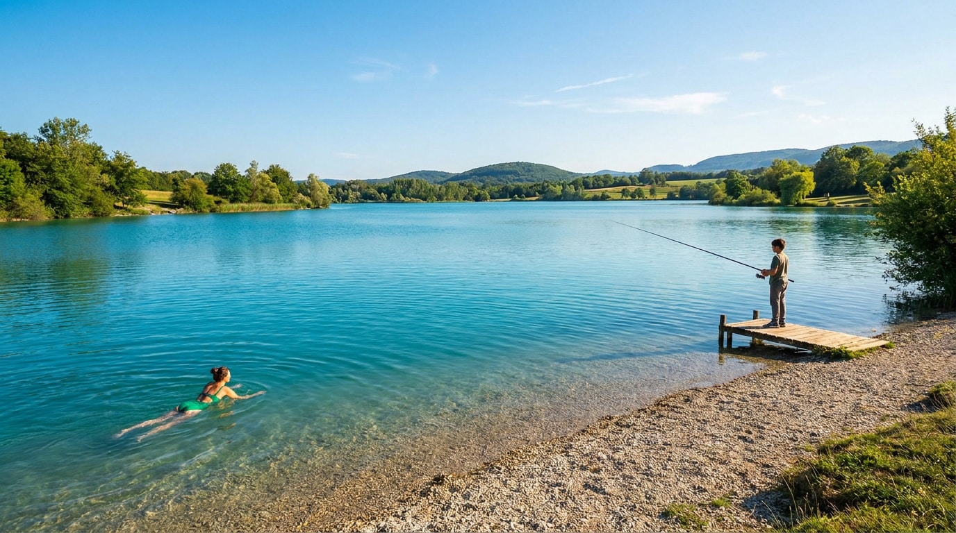 Une personne nageant dans les eaux bleues du lac de Chazey pendant qu'un enfant pêche depuis un ponton en bois.