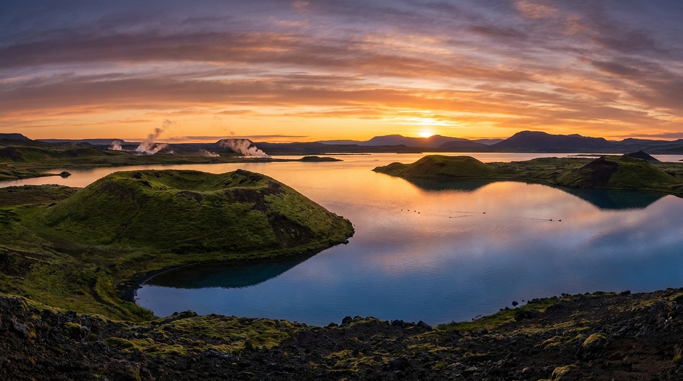 Paysage panoramique du lac Mývatn en Islande avec ses cratères volcaniques et ses fumerolles au coucher du soleil.