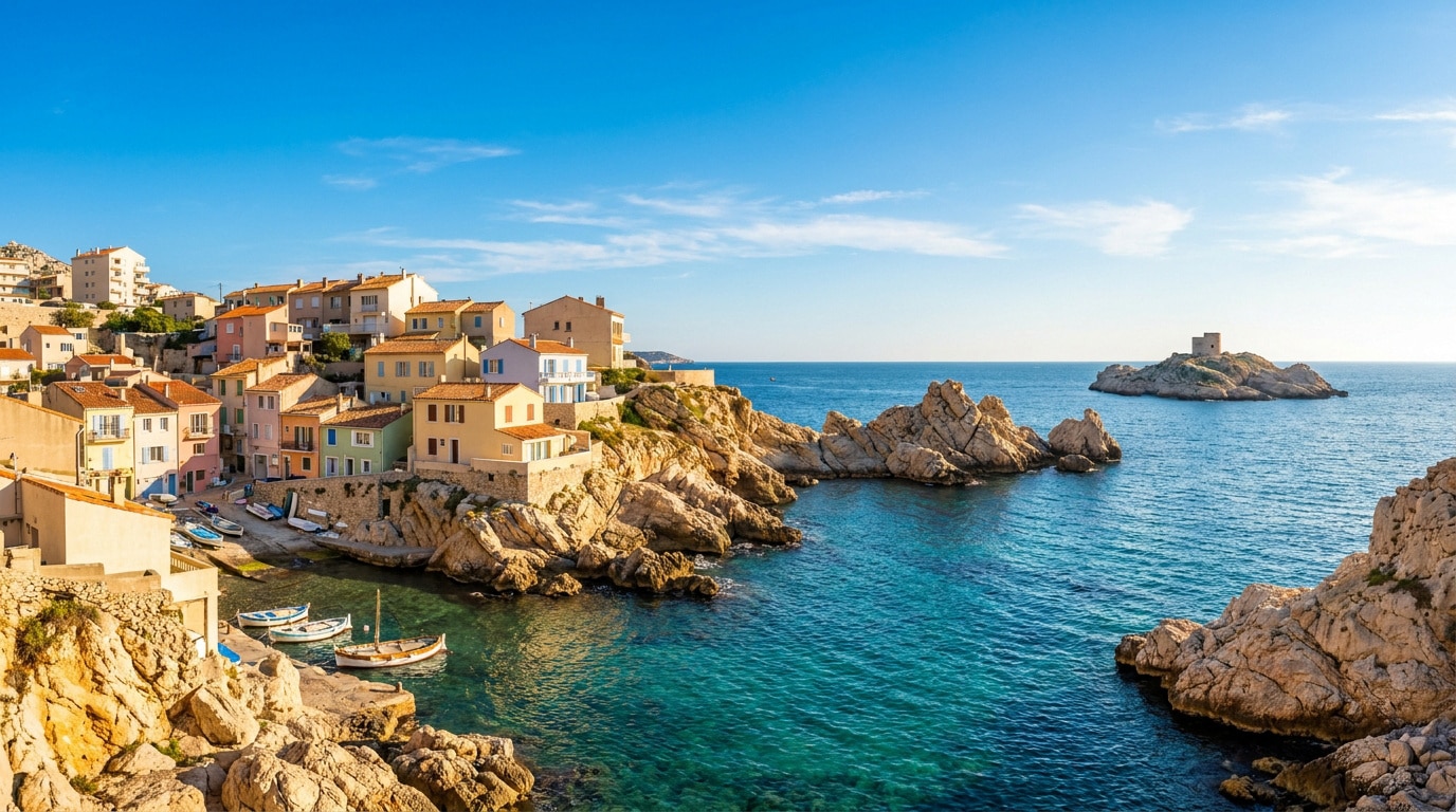 Maisons colorées surplombant le petit port et les eaux turquoise de Malmousque à Marseille sous un ciel bleu.