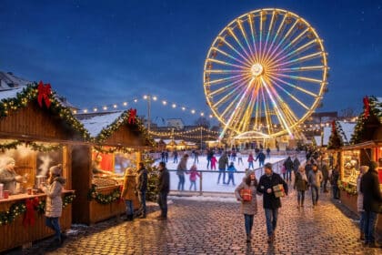 Village de Noël illuminé au Barcarès avec grande roue, patinoire et chalets en bois sous un ciel étoilé.