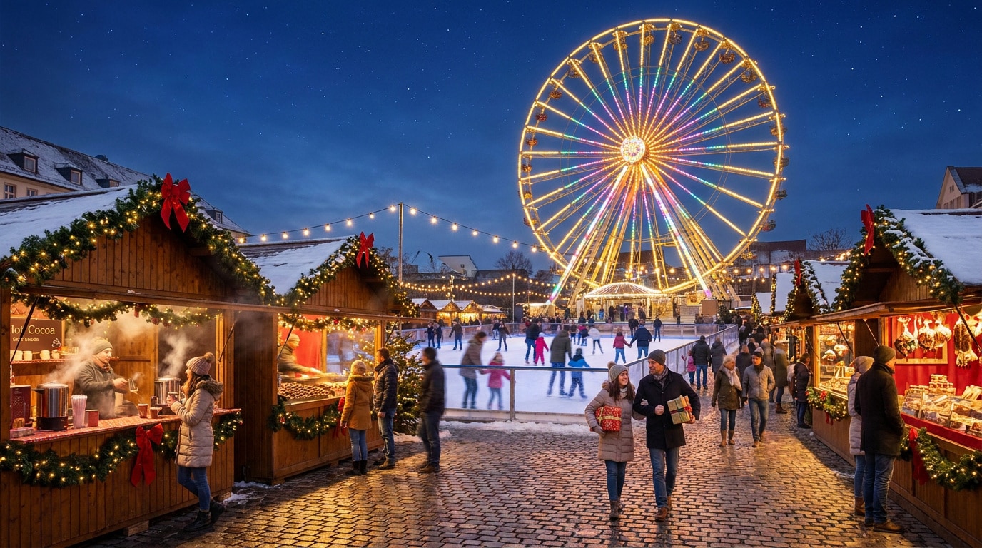Village de Noël illuminé au Barcarès avec grande roue, patinoire et chalets en bois sous un ciel étoilé.