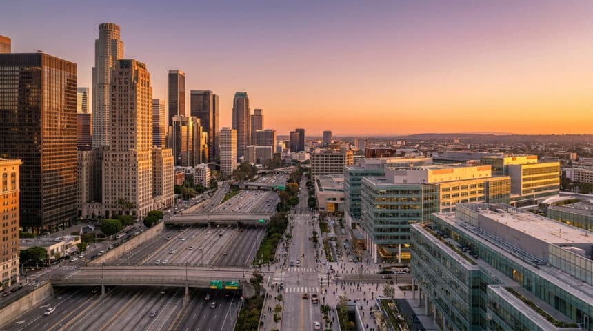 Vue aérienne du centre-ville de Los Angeles avec ses gratte-ciel et son autoroute au coucher du soleil.