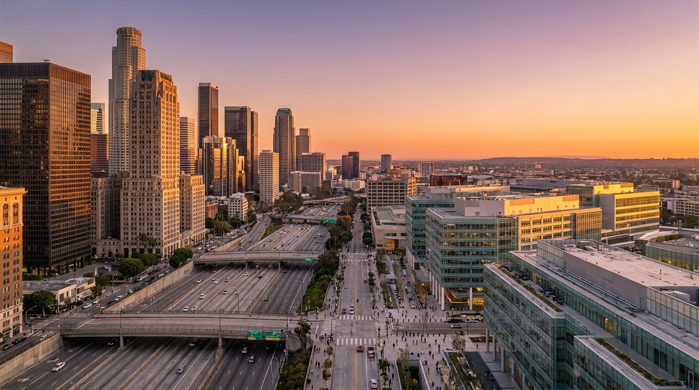 Vue aérienne du centre-ville de Los Angeles avec ses gratte-ciel et son autoroute au coucher du soleil.