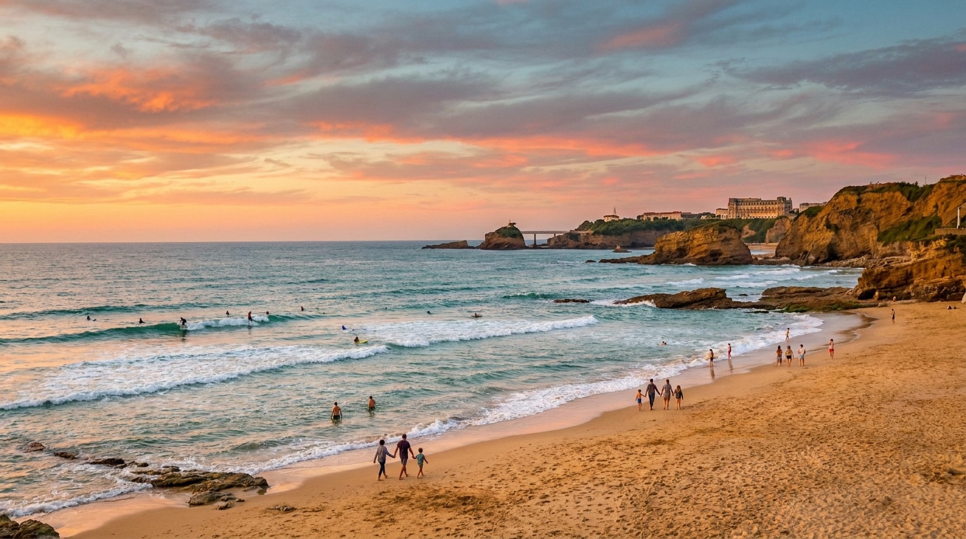 Vue panoramique d'une plage à Biarritz au coucher du soleil avec des personnes se promenant et des surfeurs dans l'eau.