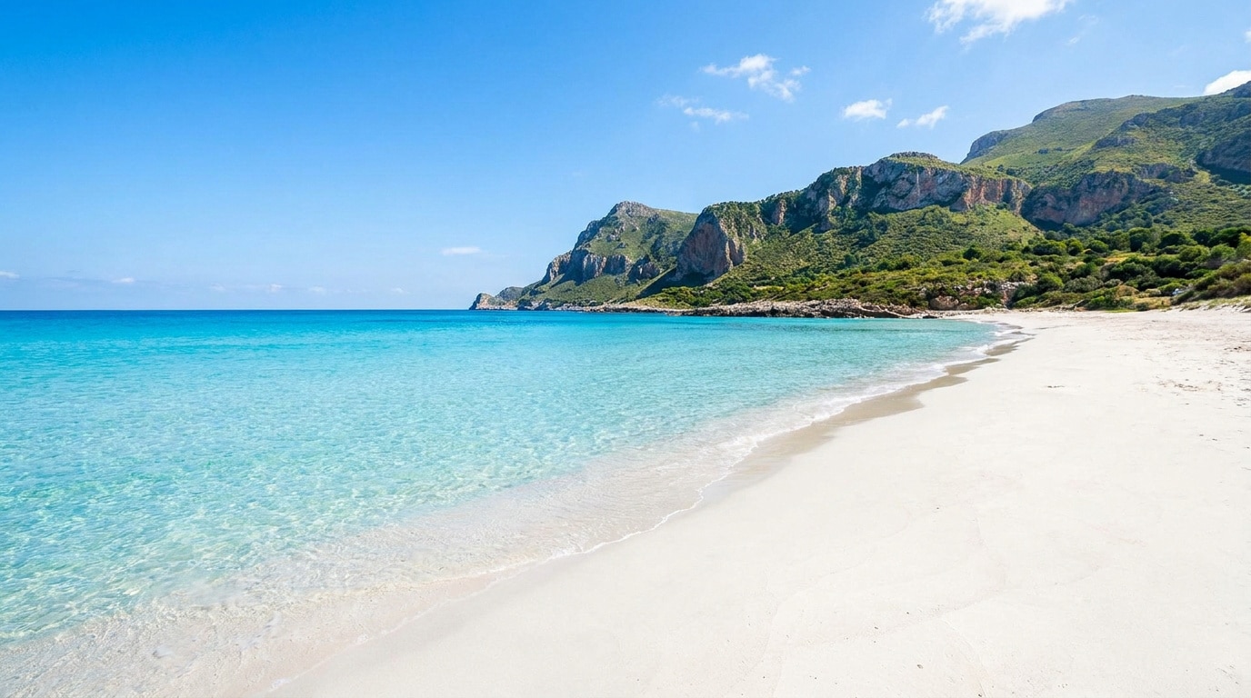 Plage de sable blanc et eaux turquoise cristallines à San Vito Lo Capo sous un ciel bleu ensoleillé.