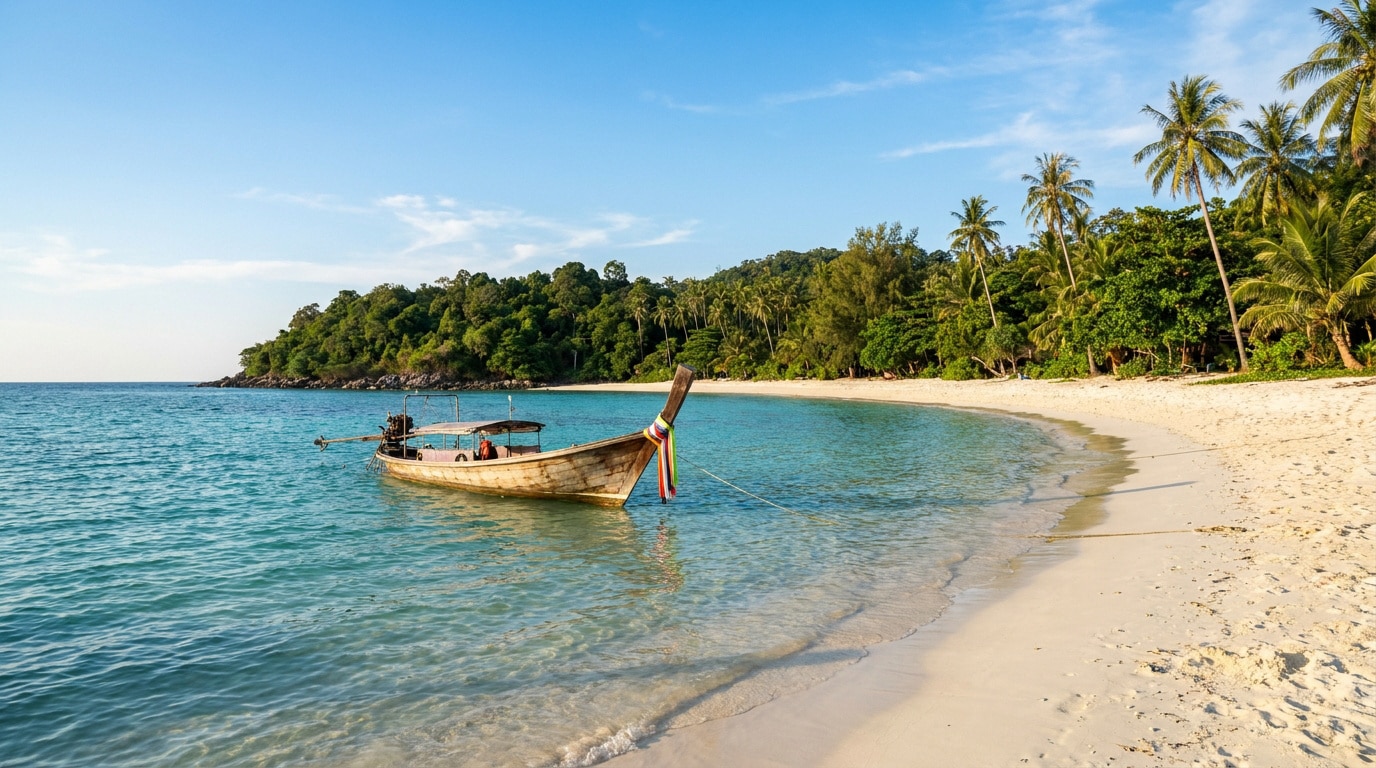 Bateau long-tail traditionnel amarré sur une plage de sable blanc et eaux turquoise à Koh Lipe, Thaïlande.