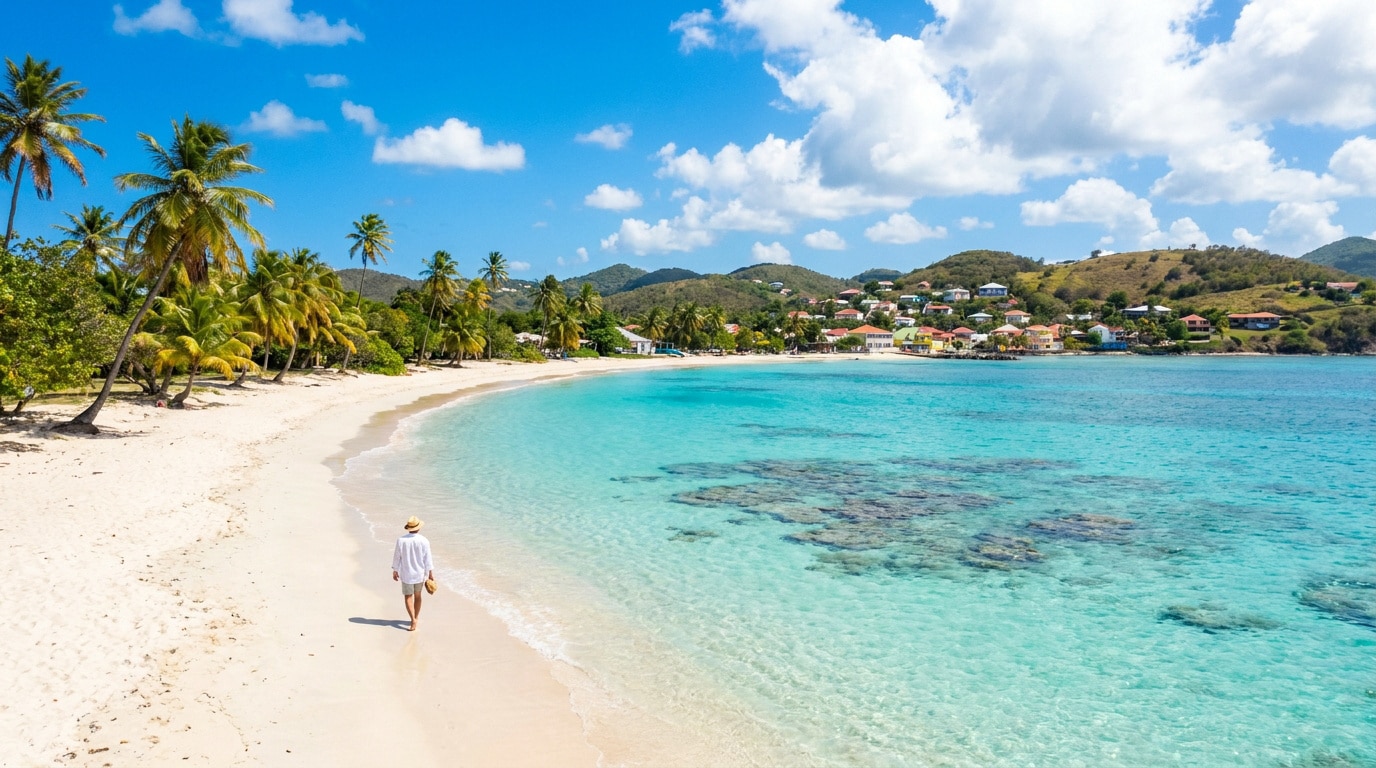 Une personne marche sur une plage de sable blanc bordée de palmiers face à une mer turquoise en Guadeloupe.