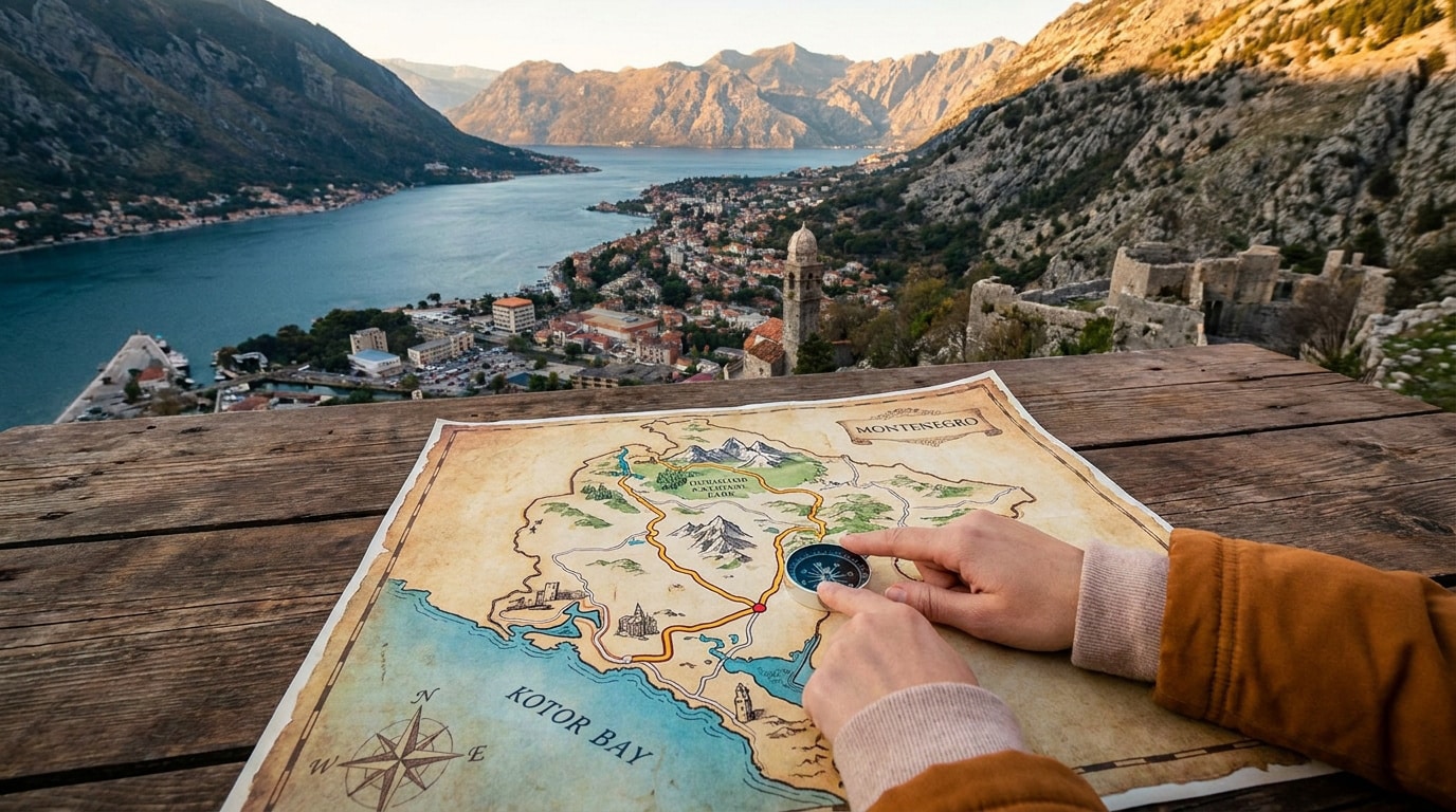 Mains consultant une carte et une boussole avec en arrière-plan une vue panoramique sur la baie de Kotor.