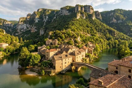 Vue panoramique d'un village médiéval en pierre au bord d'une rivière, entouré de falaises verdoyantes aux Gorges du Tarn.