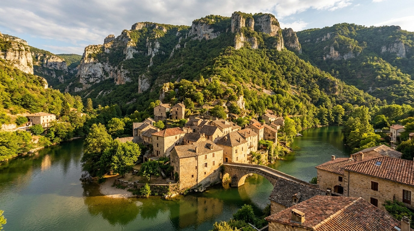Vue panoramique d'un village médiéval en pierre au bord d'une rivière, entouré de falaises verdoyantes aux Gorges du Tarn.