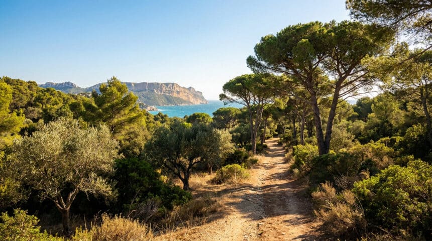 Chemin de terre bordé de pins méditerranéens avec vue sur la mer et les collines de Marseille.