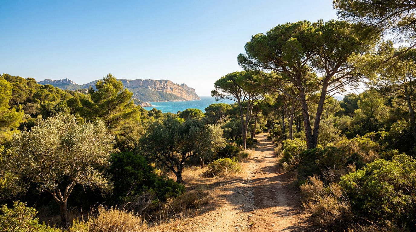 Chemin de terre bordé de pins méditerranéens avec vue sur la mer et les collines de Marseille.