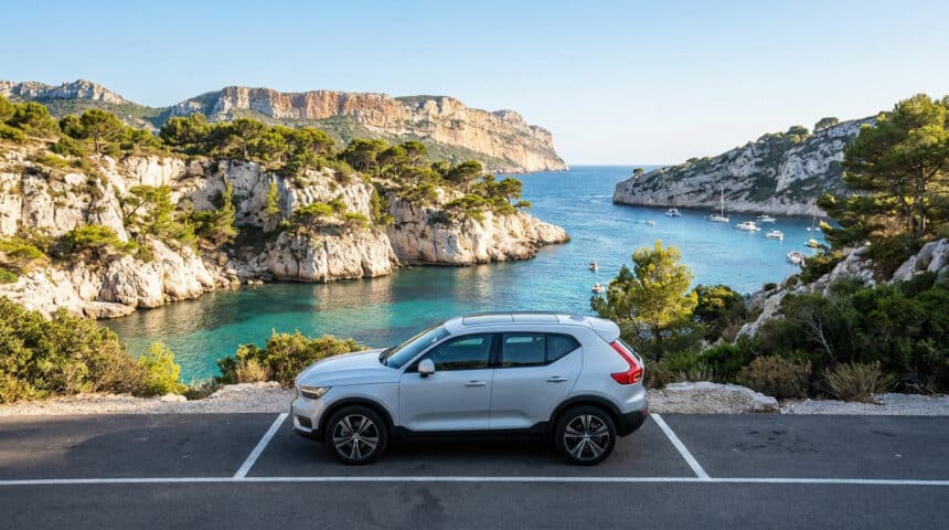 Une voiture garée sur un parking surplombant la calanque de Port-Miou avec des bateaux dans l'eau turquoise en arrière-plan.