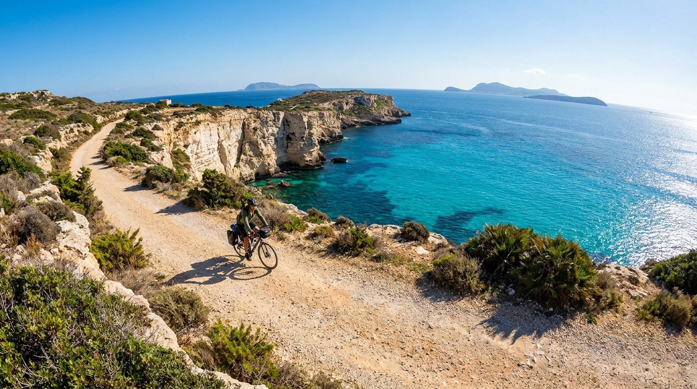 Un cycliste roule sur un sentier côtier en terre battue surplombant les eaux turquoise des îles Égades en Sicile.