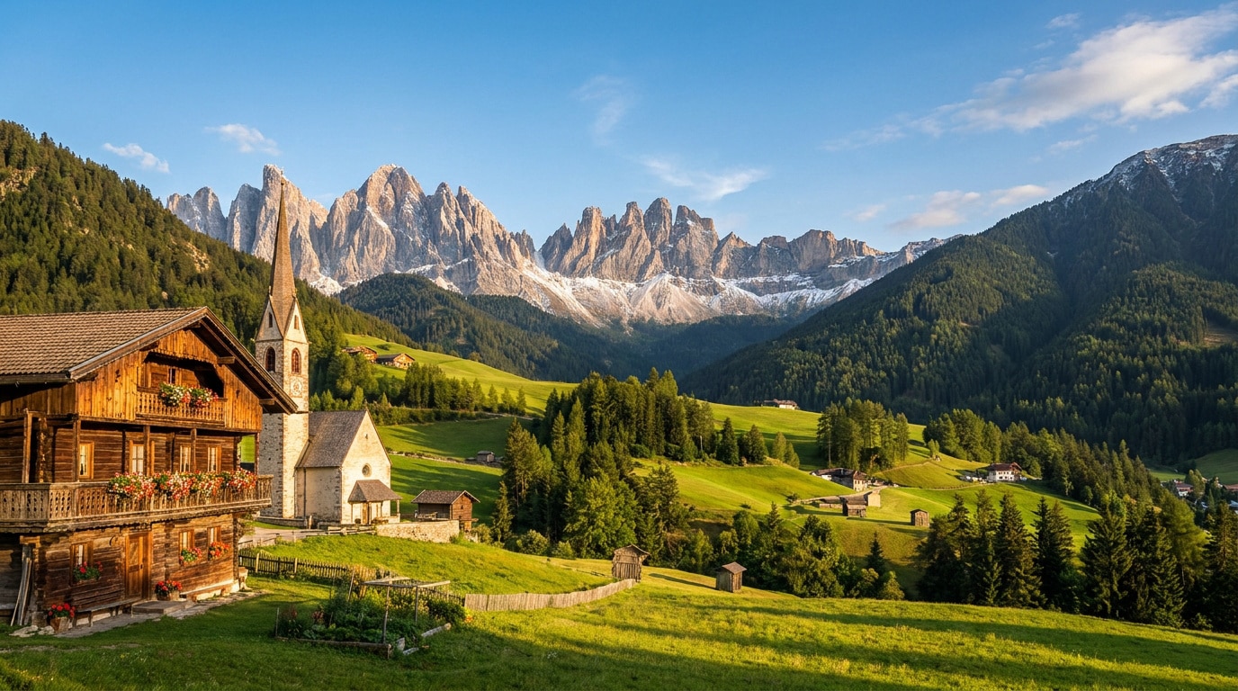 Vue panoramique d'un village alpin traditionnel avec église au pied des sommets enneigés des Dolomites.