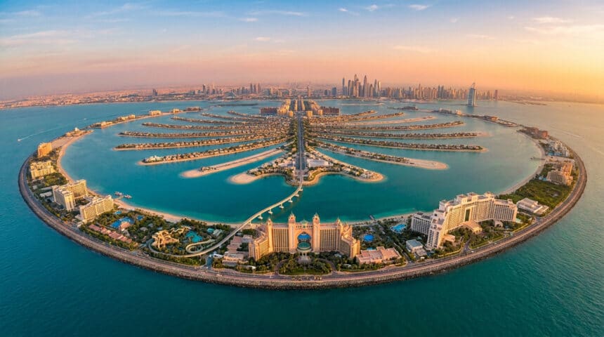Vue aérienne grand angle de Palm Jumeirah en forme de palmier à Dubaï lors d'un coucher de soleil doré.