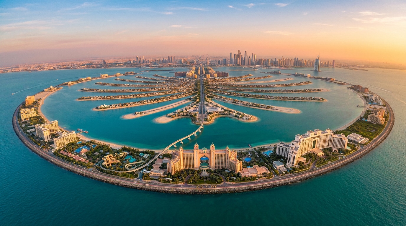 Vue aérienne grand angle de Palm Jumeirah en forme de palmier à Dubaï lors d'un coucher de soleil doré.