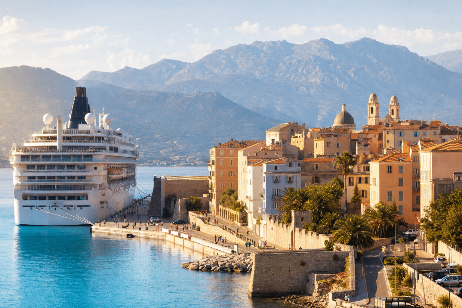 Paquebot accosté dans un port méditerranéen pittoresque