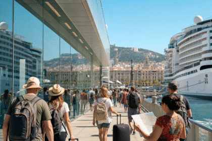 Touristes marchant près d’un paquebot de croisière