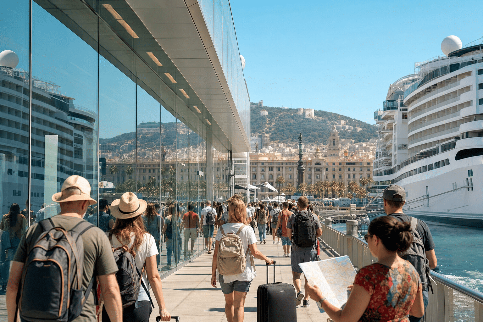 Touristes marchant près d’un paquebot de croisière