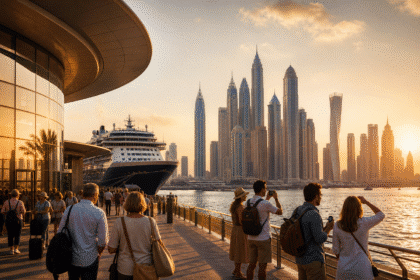 Skyline de Dubaï et paquebot au coucher du soleil