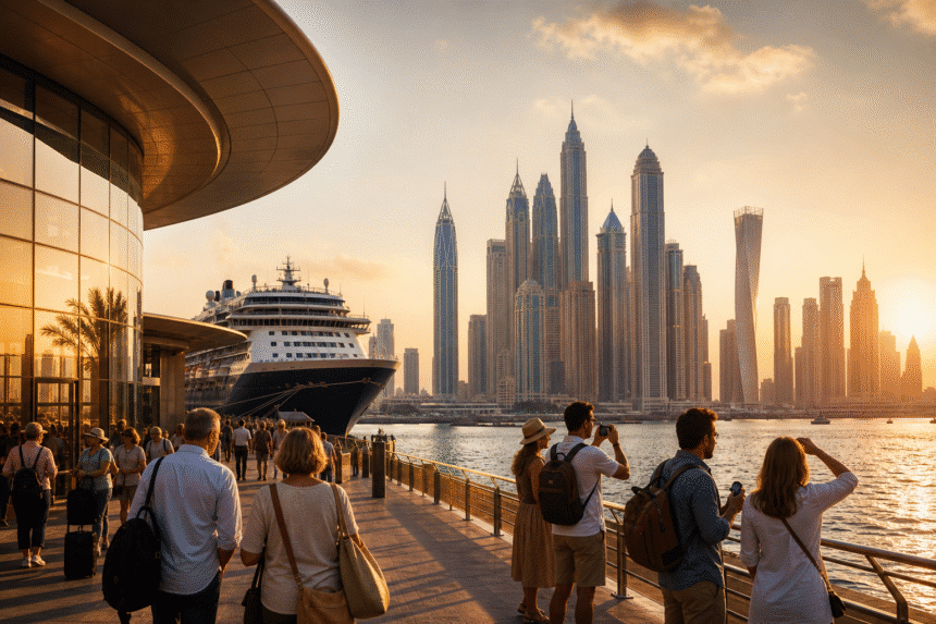 Skyline de Dubaï et paquebot au coucher du soleil