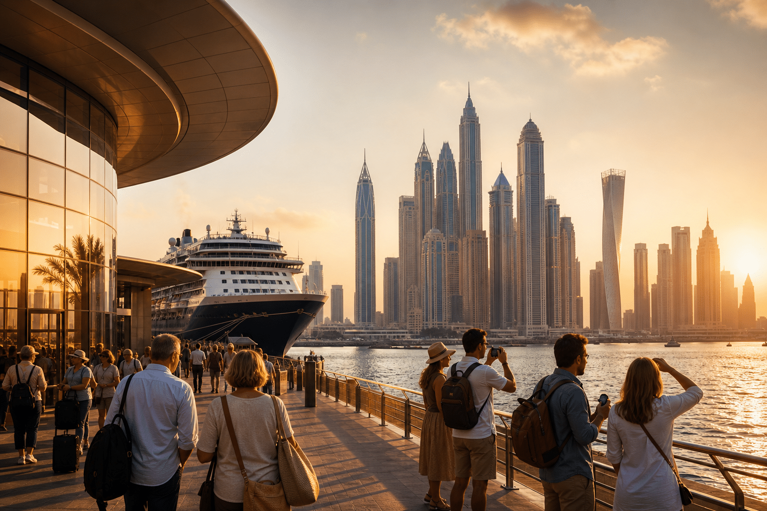 Skyline de Dubaï et paquebot au coucher du soleil