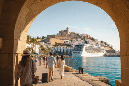 Touristes au port méditerranéen avec paquebot de croisière